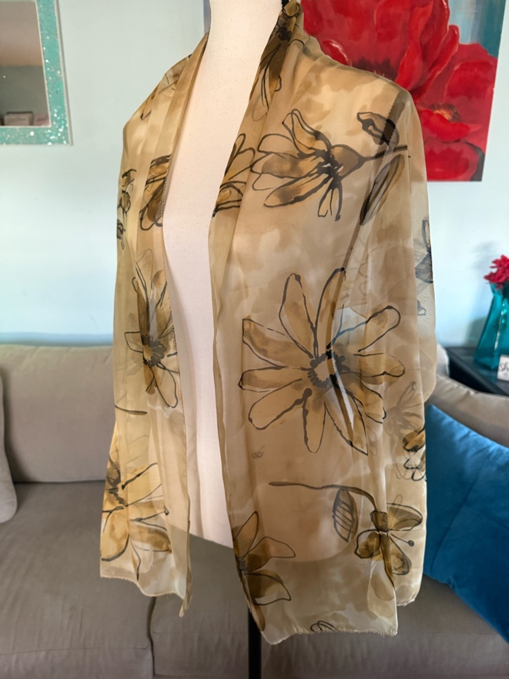 VTG Silk Feel Polyester Lightweight Sheer Scarf Brown Tan Floral Pattern 19”x52”